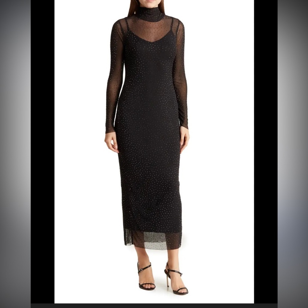 AFRM MARNI Black Rhinestone Long Sleeve Mesh Midi Dress. Size M. Retail $120